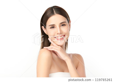 Beautiful young asian woman with clean fresh skin on white background, Face care, Facial treatment, Cosmetology, beauty and spa, Asian women portrait. Beautiful young asian woman with clean fresh skin on white background, Face care, Facial treatment, Cosmetology, beauty and spa, Asian women portrait. 119785261