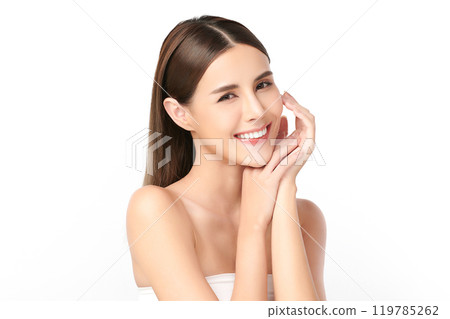 Beautiful young asian woman with clean fresh skin on white background, Face care, Facial treatment, Cosmetology, beauty and spa, Asian women portrait. Beautiful young asian woman with clean fresh skin on white background, Face care, Facial treatment, Cosmetology, beauty and spa, Asian women portrait. 119785262