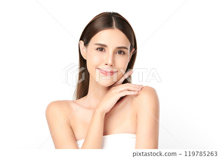Beautiful young asian woman with clean fresh skin on white background, Face care, Facial treatment, Cosmetology, beauty and spa, Asian women portrait. Beautiful young asian woman with clean fresh skin on white background, Face care, Facial treatment, Cosmetology, beauty and spa, Asian women portrait. 119785263