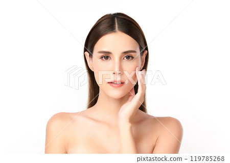 Beautiful young asian woman with clean fresh skin on white background, Face care, Facial treatment, Cosmetology, beauty and spa, Asian women portrait. Beautiful young asian woman with clean fresh skin on white background, Face care, Facial treatment, Cosmetology, beauty and spa, Asian women portrait. 119785268