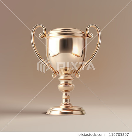 Golden trophy cup isolated on beige background. 3D illustration. 119785297
