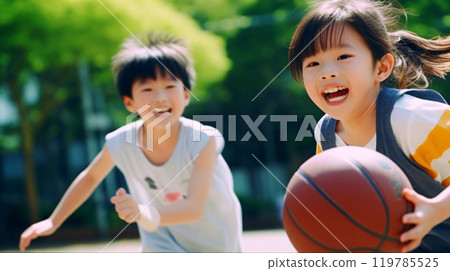 Children playing basketball in the park, Japanese boys and girls 119785525