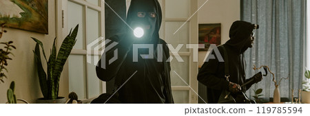 Website banner of two crime partners with equipment in hands seeing living room 119785594