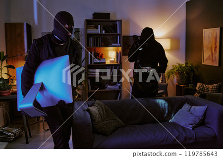 Two crime partners thieving electrical gadget in dimly lit living room working in silence Two crime partners thieving electrical gadget in dimly lit living room working in silence 119785643