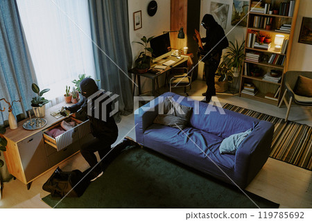 High angle shot of crime partners stealing fashionable clothes and digital device in spacious living room 119785692