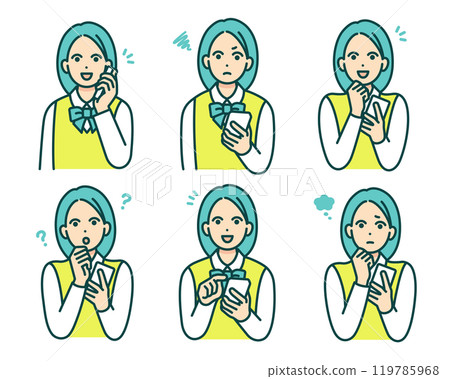 Students in uniform. Vector illustration set of high school girls holding smartphones. 119785968