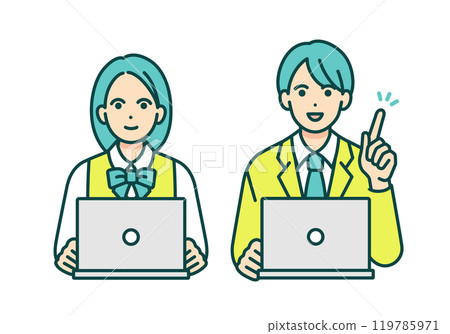 Students studying on a computer. Vector illustration set of men and women in uniforms. 119785971