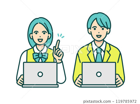 Men and women in school uniforms study on computers. Vector illustration set of students studying. 119785972