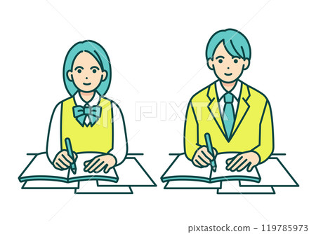Men and women sitting at desks and studying. A set of illustrations of students in uniforms studying. 119785973