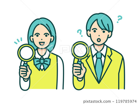 一個帶著疑問的男孩。一個身上散發著光芒的女孩。帶有放大鏡的學生的向量插圖集。 一個帶著疑問的男孩。一個身上散發著光芒的女孩。帶有放大鏡的學生的向量插圖集。 119785974
