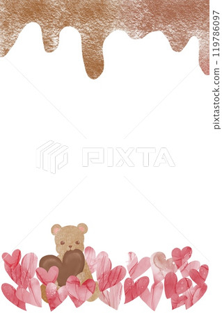 Teddy bear eating a heart shaped chocolate with melting chocolate frame for Valentine's Day. 119786097