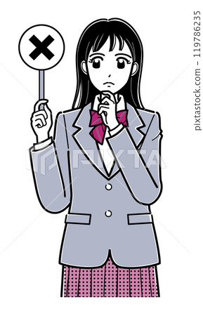 A high school girl in a blazer holding a badge of exoneration (upper body, simple) A high school girl in a blazer holding a badge of exoneration (upper body, simple) 119786235