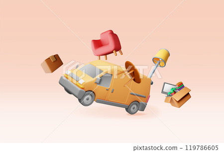 3D delivery van with home items isolated 3D delivery van with home items isolated 119786605