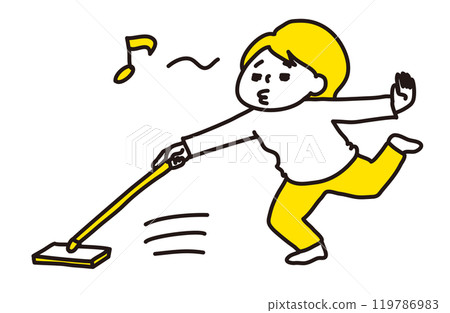 A woman humming while cleaning the floor with a floor wiper (2 colors) A woman humming while cleaning the floor with a floor wiper (2 colors) 119786983