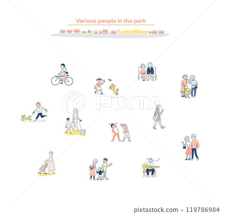 公園裡散步的各種人 119786984