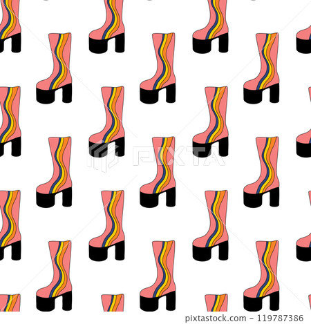 Seamless Pattern. Trendy 1980 retro pink disco boot with rainbow abstract design. Vintage shoe. Vector flat illustration. 119787386