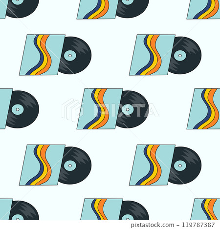 Seamless Pattern. Blue vinyl record. LP or long play music disc. DJ equipment for disco party background. Discotheque nostalgia concept. Vector flat illustration. Seamless Pattern. Blue vinyl record. LP or long play music disc. DJ equipment for disco party background. Discotheque nostalgia concept. Vector flat illustration. 119787387