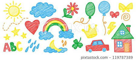 Kids crayon doodles. Vector colored pencil school illustrations set on white background. Flower house rainbow and cute sun child sketches. Chalk hand drawn summer cartoon painting 119787389