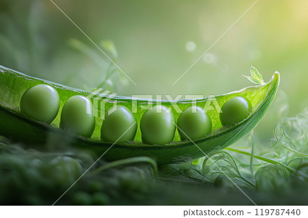 Fresh peas nestled in a pod, illuminated by natural light, showcasing detailed texture 119787440