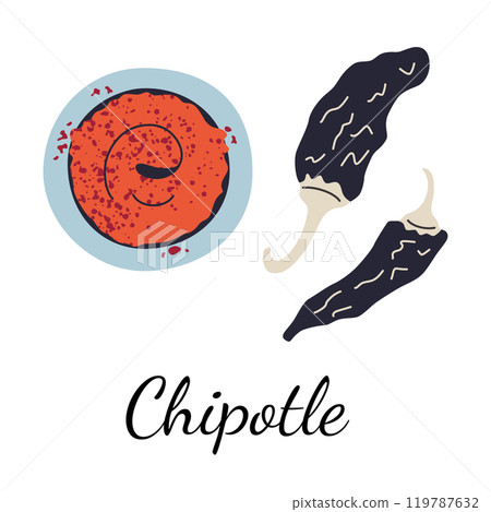 Vector illustration of chipotle chili powder, hot chili sauce and dried peppers in flat cartoon style. Perfect for culinary, Mexican cuisine packaging, and seasoning related designs Vector illustration of chipotle chili powder, hot chili sauce and dried peppers in flat cartoon style. Perfect for culinary, Mexican cuisine packaging, and seasoning related designs 119787632