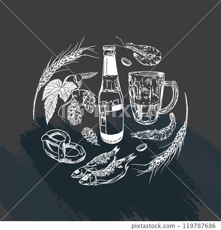 Beer set in white chalk on black. Bottle, mug, hops, shrimp, fish, ears of corn, pretzel. Vector illustration. Graphic. Menu design, banners, posters. 119787686