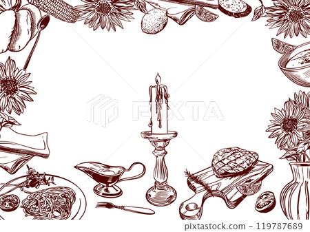 Menu design, frame. Meat steak, spaghetti, soup, candle, napkin, sauceboat, flowers, spoon. Vector illustration. Suitable also for banners, leaflets. Menu design, frame. Meat steak, spaghetti, soup, candle, napkin, sauceboat, flowers, spoon. Vector illustration. Suitable also for banners, leaflets. 119787689