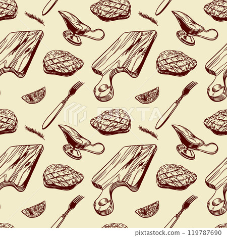 Meat steak seamless pattern. Grill, board, sauce, fork, lemon, rosemary. Vector illustration in graphic style. Wrapping paper, labels, covers, napkins 119787690
