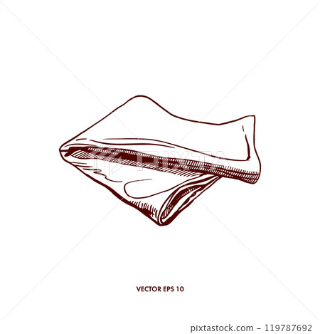 Napkin folded lying. Kitchen towel. Hand drawn vector illustration in graphic style. For design menu, recipes, cookbooks, table setting. 119787692