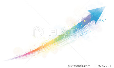 白色背景上大力指向右上角的手繪彩虹色箭頭的水彩插圖 白色背景上大力指向右上角的手繪彩虹色箭頭的水彩插圖 119787705