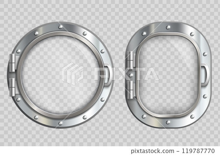 Collection of metal portholes with glass window. 119787770