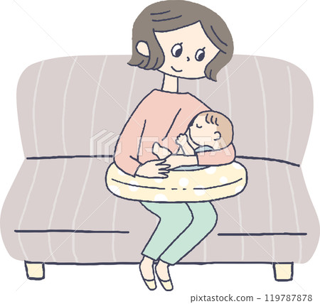 A mother sitting on the sofa and breastfeeding 119787878