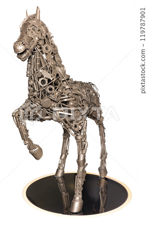 Metallic horse sculpture exhibiting strength and grace Metallic horse sculpture exhibiting strength and grace 119787901