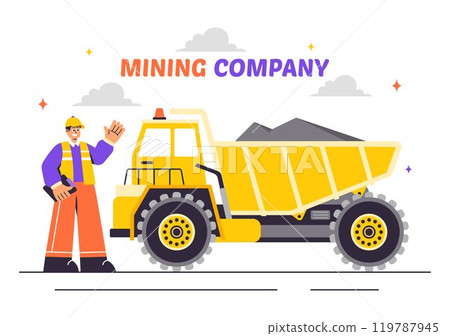 Mining Company Vector Illustration Featuring Heavy Yellow Dumper Trucks for Industrial Sand Mining Process or Transportation in a Flat Background Mining Company Vector Illustration Featuring Heavy Yellow Dumper Trucks for Industrial Sand Mining Process or Transportation in a Flat Background 119787945