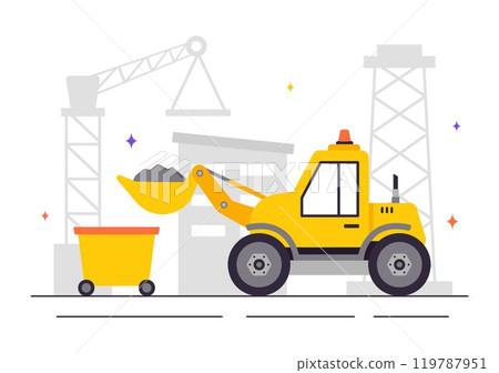 Mining Company Vector Illustration Featuring Heavy Yellow Dumper Trucks for Industrial Sand Mining Process or Transportation in a Flat Background 119787951