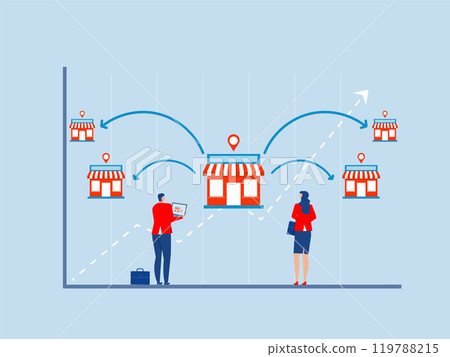 Franchise, global business expansion opportunities to expand a shop,startup strategy,connecting arrows vector illustration 119788215