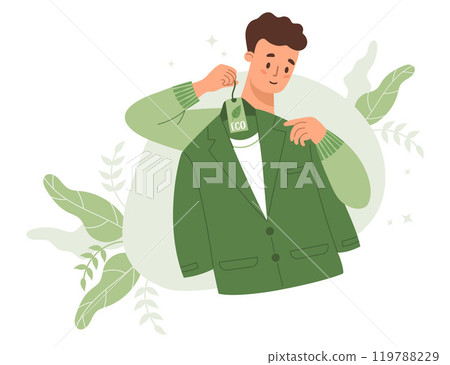 Sustainable fashion. Shopping. Man tries on business suit made from recycled material. Buying eco-friendly clothes. Recycle, environmental care and green technology. Vector illustration in flat style 119788229