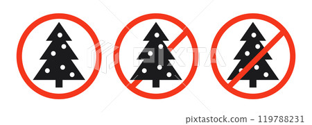 Christmas tree and prohibited circle sign. Christmas celebrating forbidden icon. Xmas ban symbol. Vector illustration isolated on white background 119788231