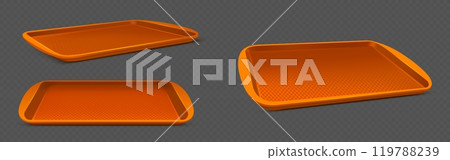 Orange plastic serving trays for lunch carrying 119788239