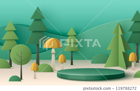 Green podium on papercut forest background 119788272