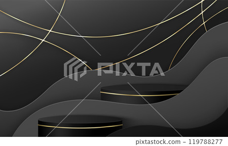 3d luxury black and gold podium with dark wave 119788277