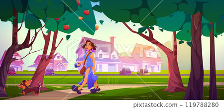 Young woman walking dog in town street 119788280