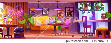 Dog cafe business. Table in pet restaurant cartoon 119788281