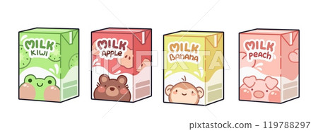 Kawaii style milk drink boxes set on white 119788297