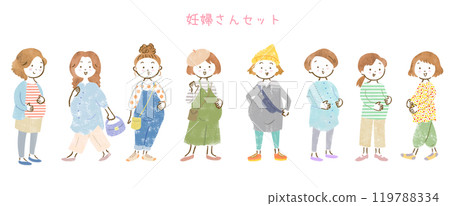 Pregnant woman full body hand-drawn illustration set Pregnant woman full body hand-drawn illustration set 119788334