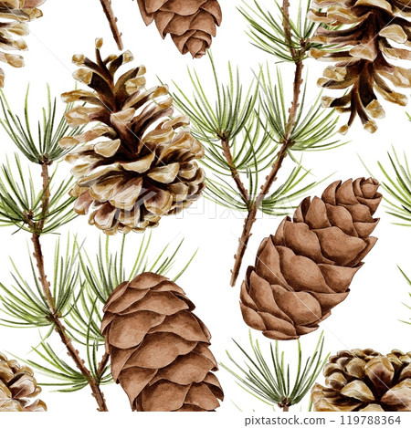 Christmas spruce and pine branch with cones Watercolor seamless pattern on white. Hand drawn illustration for New Year and winter holidays designs in realistic style. 119788364