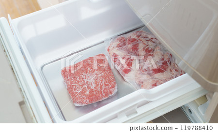 Image of quick freezing of raw meat | Freezer with aluminum trays Image of quick freezing of raw meat | Freezer with aluminum trays 119788410