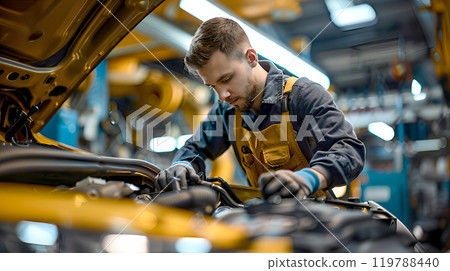 Car mechanic makes out diagnostics and repairs of the engine in a car workshop. Car maintenance service. Support car insurance service. 119788440