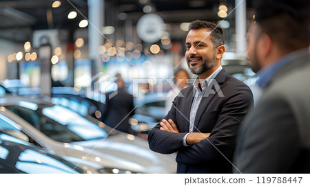 Smiling arabian salesman is talking to the customer at car showroom. Professional salesperson working in modern car dealership. Modern technology. Smiling arabian salesman is talking to the customer at car showroom. Professional salesperson working in modern car dealership. Modern technology. 119788447