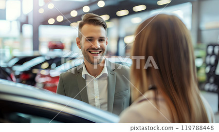 Smiling caucasian salesman is talking to the female customer at car showroom. Professional salesperson working in modern car dealership. Smiling caucasian salesman is talking to the female customer at car showroom. Professional salesperson working in modern car dealership. 119788448