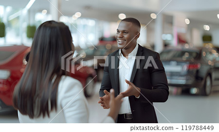 Smiling african american salesman is talking to the customer at car showroom. Professional salesperson working in modern car dealership. 119788449